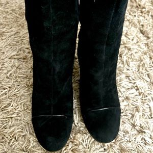 Mid Calf Suede Boots with Patent Heels.